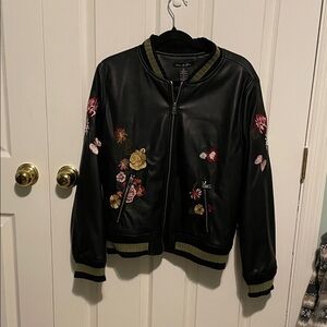NWT Floral Embroidered Black Bomber Jacket PTP; 24”